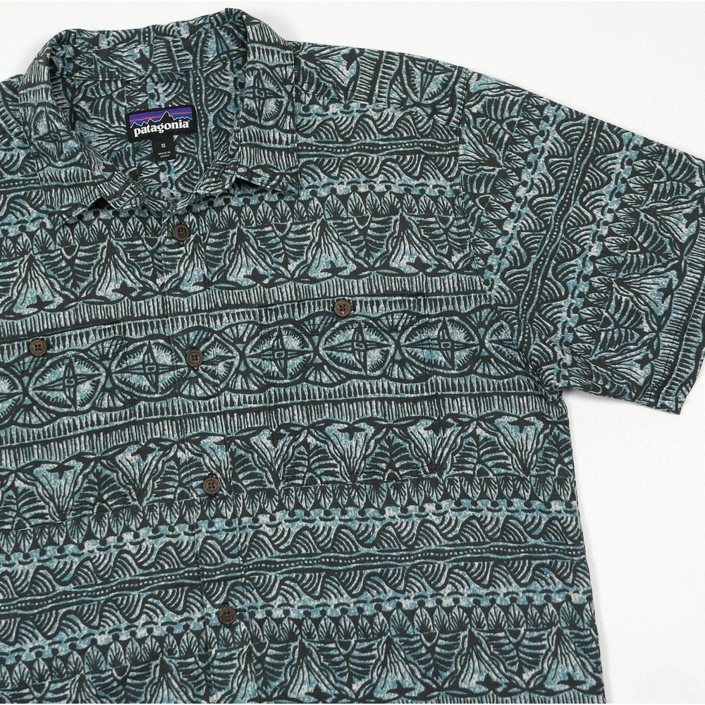 Patagonia Mens M Hemp Organic Cotton Polynesian Aloha Camp Shirt Tribal Motif